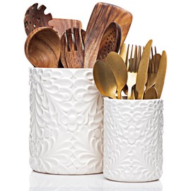 Large 7.3"+5.4" Engraved Ceramic Utensil Holder for Countertop, Cooking Utensils Organizer for Spatula, Large Utensils Crock for Kitchen Counter, Kitchen Decor, set of 2, White