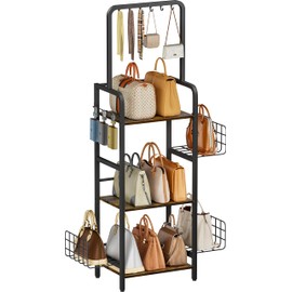 Tuohours 3-Tier Tall Purse Organizer Rack Stand, Floor-Standing Bag Storage Holder with Adjustable Side Basket and Hook Handbag Organizers Display Stand Shelf for Closet, Bedroom, Entryway, Black