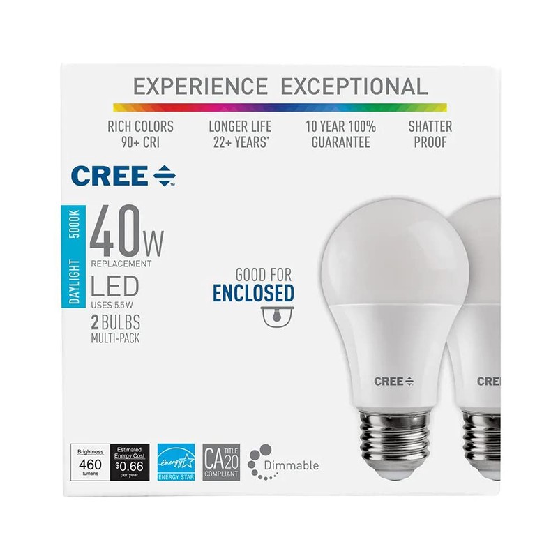 Cree Lighting Exceptional Series A19 Bulb, 5000K Dimmable LED Bulb,