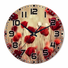 NOMEDOGYIM Poppy Flower Wall Clock Battery Operated Red Wall Clock Silent Non Ticking Quality Quartz 10 Inch Round Easy Clock to Read for Home Office