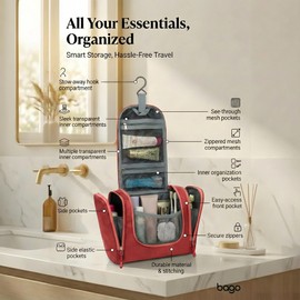 Bago Travel Toiletry Bag for Women and Men X-Large Waterproof Hanging Large Toiletry Bag for Bathroom and Travel Bag for Toiletries Organizer -Travel Makeup Bag (Red)