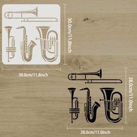 FINGERINSPIRE Wind Instruments Painting Stencil 30 x 30 cm Reusable Saxophone Trumpet Tuba Trombone Drawing Stencil Jazz Instruments Music Stencil for Painting on Wall Wood Furniture and Paper
