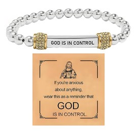 God Is In Control Dainty Diamond Beaded Stretch Bracelet, Motivational Stainless Steel Engraving Tube Bracelets Inspirational Chain Crystal Energy Faith Jewelry for Women Men (God Is In Control-Gold)