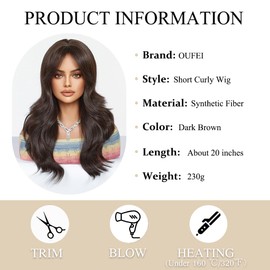 OUFEI Long Dark Brown Wig with Curtain Fringe Natural Wavy Wigs for Women Natural Synthetic Hair Heat Resistant Wigs for Daily Party Cosplay Wear