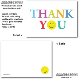 doodlecards Thank You Cards Thankyou Postcards Smiley Face Pack of 20 Cards & Envelopes. Printed in UK, Premium Quality & 100% Recyclable.