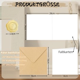 25er Set 16x16 cm Klappkarten Blanko mit Umschläge Kraft Briefumschläge Quadratisch, Postkarten Blanko Karten zum Selbstgestalten für Hochzeit Weihnachten Geburtstag Taufe