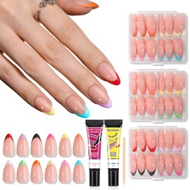 CUZIAM 288Pcs Brighter Pastel French Tip Press on Nails Medium Almond, 12 Colors Rainbow Pre-Builded Soft Gel Fake False Nail for Women, Glossy Natural Nude Pink Full Cover Stick on Nails DIY Nail Art