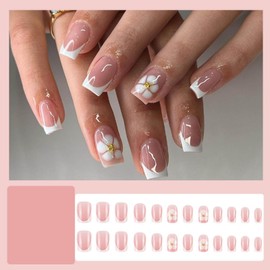 YoYoee 24-Piece Short Square Press on Nails - French Small flowers False Nails | Cute Nude Fake Nails for Women Elegant & Durable Artificial Nails for Instant Manicure