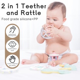 AULEGE Baby Rattle Teether Toys, Infant Sensory Montessori Teething Toys, Silicone Chew Toy with Rattles for Babies 0-3-6-12 to 18 Months, Boys Girls Baby Shower Gifts(Cream)