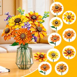 CUBIMANA Flower Sunflower Bouquet Building Kit with Lights - 17 Flowers Botanical Collection Artificial Plant Sunflower Building Blocks Art Home Decoration Surprise Gifts for Adults (1011 Pieces)