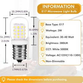 ZSSXOLED Microwave Oven Light Bulb E17 Base 3W 125V E17 LED Bulb 40W Equivalent, E17 Base Bulb for Oven Stove Top Range Hood Appliance Replacement Light White 5000K (Pack of 2)