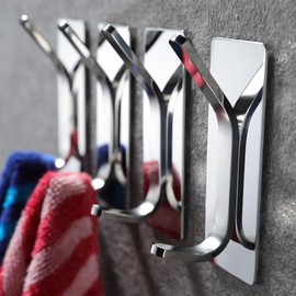 YIGII Adhesive Hooks -4 Packs Wall Hooks for Hanging Towels, Clothes, Robes Stick On Towel Hooks No Drill for Bathrooms Kitchen Stainless Steel