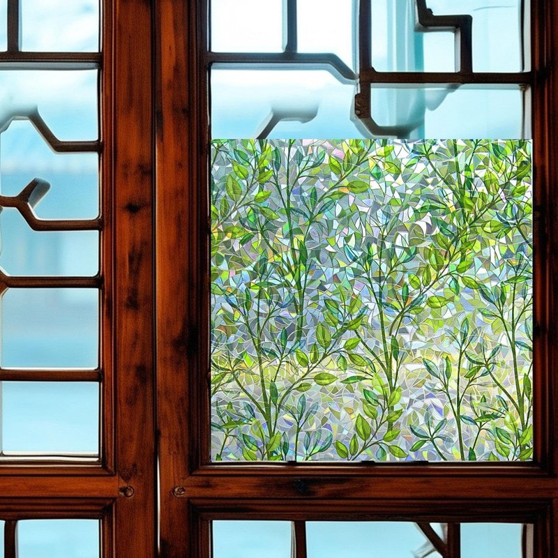 Qianly Privacy Window Film Static Cling Leaf Rainbow Sticker Decorative