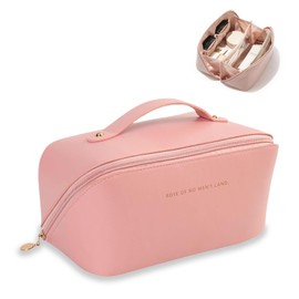 CCAIPU Travel Makeup Bag, Large Capacity Cosmetic Bags for Women PU Leather Waterproof Toiletry Bag Portable Pouch Open Flat Make up Bag with Handle (Pink)