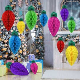 Humyoun 12 Pcs 12" and 20" Bright Jumbo Christmas Lights Honeycomb Hanging Decoration Large 3D Light Bulb Land Xmas Assorted Colors Light for Christmas Tree Mantal Ceiling Classroom Ornament