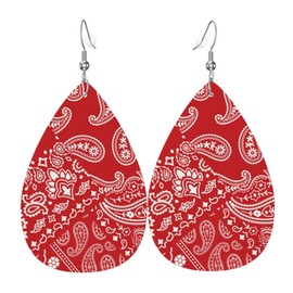 Red Bandanna Paisley Faux Leather Teardrop Earrings for Women Drop Dangle Earrings Gift