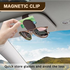 CHRYMUM Sunglasses Holders for Car Sun Visor, Car Glasses Holder, Magnetic Leather Sunglasses Holder and Ticket Card Clip, Ticket Clip Eyeglasses Mount Car Visor Accessories Fit Eyeglasses (Mocha)