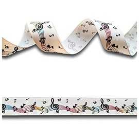 2 Yards (1.82 metres) Rainbow Foil Sheet Music Notes White Grosgrain Ribbon 22mm Wide, Ideal for Craft Projects, Scrapbooking, DIY Hair Bows, Present Wrapping etc.