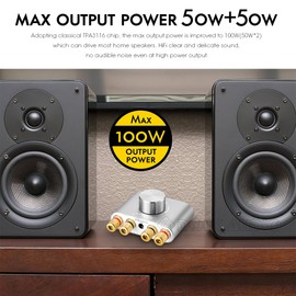 Nobsound Mini Bluetooth 5.0 Power Amplifier, Stereo Hi-Fi Digital Amp 2.0 Channel 50W×2 with AUX/USB/Bluetooth Input, Wireless Audio Receiver, PC Sound Card with Power Supply (Silver)