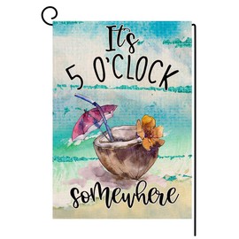 BLKWHT Summer Beach Garden Flag It's 5 O'Clock Somewhere Vertical Double Sided Tropical Fruit Coconut Burlap Yard Outdoor Decor 12.5 x 18 Inches A2152