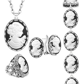 Vintage Look White Lady Queen Cameo Sets For Women Victoria Pendant Cameo Necklace Earring Stud Ring Fashion Antique Silver Plated Jewelry (7)