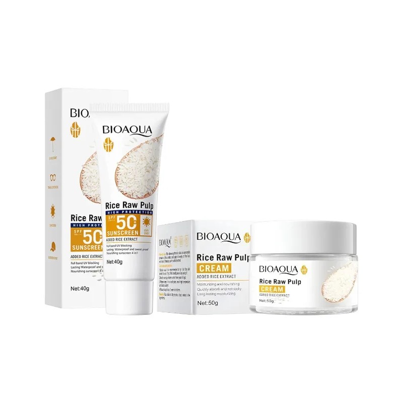 Kit Bioaqua Rice Raw Pulp Crema Facial Protector Solar Spf