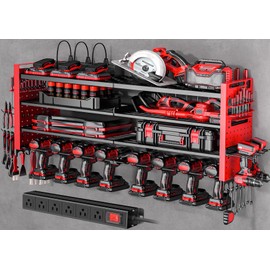 Heavy Duty Power Tool Organizer Wall Mount with Charging Station, Large Garage Organization with 10 cordless Drill Holder, 4 Layers Tool Organizers and Storage, Tool Rack with 6 Power Strip, Red