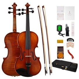 PHOENIX Violin 4/4 Full Size Set, Fiddle Solid Wood for professional Beginners Adults Kid with Ironwood Octagonal Bow & Rosewood Bow Extra strings & Bridge, 2 Rosins, Tuner, Mute, Case (Natural, 1/2)