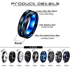 JeweBella 9 Pieces Rings Men's Stainless Steel Spinner Rings Set Black Chain Rings Blue Celtic Dragon Vintage Ring Viking for Men Wedding Engagement Friendship Rings Set Size 54-70, Stainless Steel