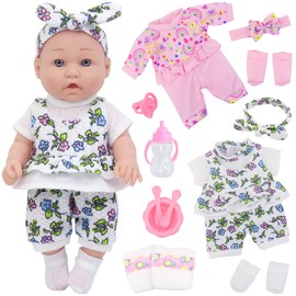 Ecore Fun 12 Inch Baby Doll with Clothes and Accessories,16 Pcs Reborn Alive Doll Playset Sets Include 12 Inch Doll,2 Sets of Clothes,Headband,Soft Socks,Tableware ,Feeding Bottle, Diapers,Nipple