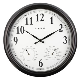 CLXEAST Indoor Outdoor Clocks Waterproof 16 Inch, Large Outdoor Clock with Temperature and Humidity for Patio,Porch,Pool,Oil Rubbed Bronze Black Finish,House Warming Gifts New Home