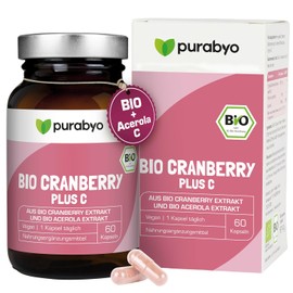Purabyo Organic Cranberry Capsules Plus C - 600 mg Organic Cranberry Extract with PAC & 40 mg Vitamin C from Acerola | Vegan, Laboratory Tested and Made in Germany | Cranberries from North America