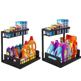 Goroovr Under Sink Organizer, Pull Out Cabinet Organizer for Kitchen, 2 Tier Sliding Metal Storage and Organizer for Bathroom, Black Laundry Room Bathroom Storage (2 Pack)