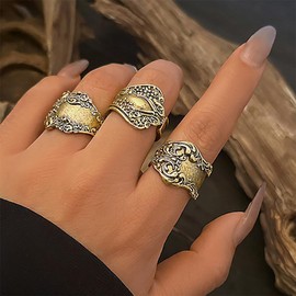 YNZGYBY Vintage Boho Stacked Open Rings Set for Women Chunky Punk 14K Gold Flowers Carved Stackable Knuckle Ring Trendy Bohemian Western Hippy Finger Jewelry (3Pcs)