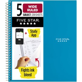 Five Star Spiral Notebook + Study App, 5 Subject, Wide Ruled Paper, 8" x 10-1/2", 200 Sheets, Fights Ink Bleed, Water Resistant Cover, Tidewater Blue (73196)