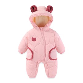 JiAmy Baby Snowsuit Winter Romper Hooded Boys Girls Jumpsuit Bear Thick Windproof Infant Newborn Clothes 12-18 Months Pink