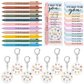 32 Sets Back to School Gifts Bulk Mental Health Gift Pens Pastel Inspirational Pens It's Okay to Feel Keychains with Cards