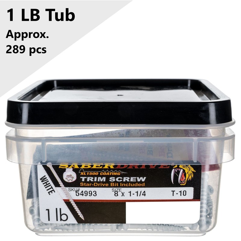 #8 x 1-1/4" Saberdrive White Trim Screws 1 LB, Approx.