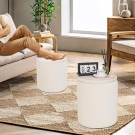 CAROLMADE Set of 2 Round Ottoman with Storage, Upholstered Vanity Stool Support 300lbs Multifunctional Coffee Table Ottoman Velvet Foot Rest Stool or Living Room Bedroom (Beige)