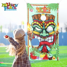 Novelty Place Hawaii Luau Party Toss Game Set Banner with 4 Bean Bags - Fun Summer Tiki Luau Party Activities for Kids, Tropical Carnival Outdoor Games and Decorations