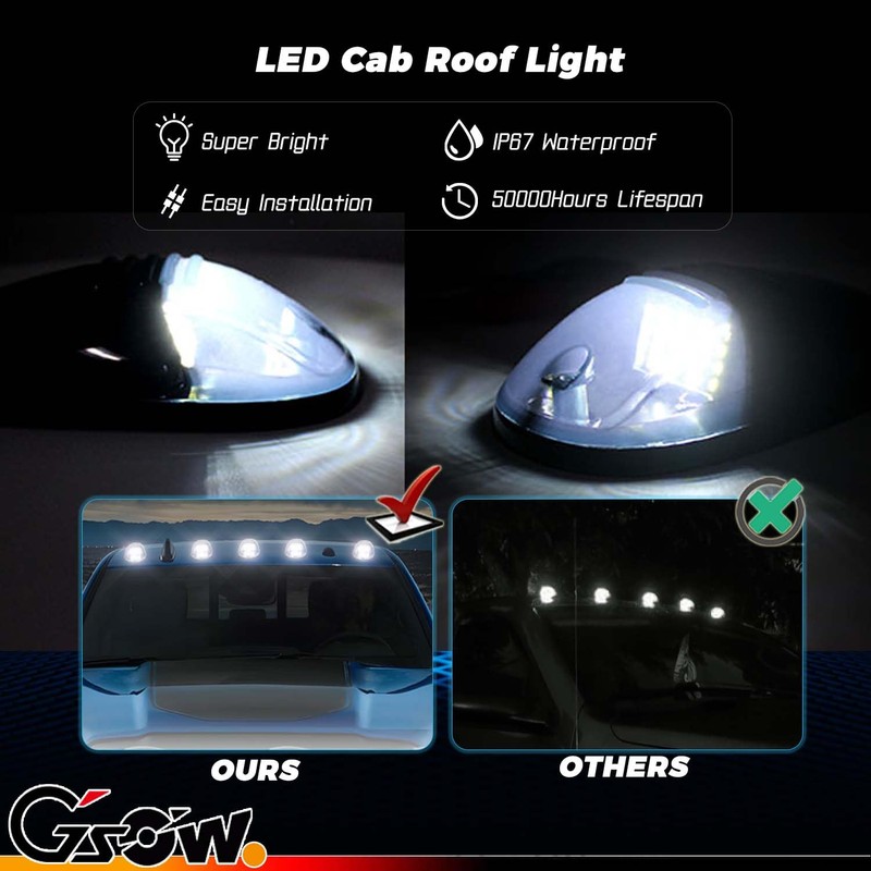 GSOWO 5 PCS White LED Cab Lights Smoked Cab Roof