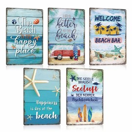ESFIVHO Set of 5 Tin Sign Beach Sea Landscape – Metal Sign with Saying – THE BEACH IS MY HAPPY PLACE – LIFE IS BETTER AT THE BEACH – DIE SEELE BRAUCHT SEELUFT – Vintage Sign Gift
