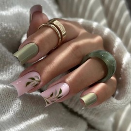 BABALAL Press on Nails Medium Fake Nails Green Glue on Nails Foliage Design Acrylic Nails Spring False Nails Manicure Gel Nails 24Pcs Glossy Squoval Artificial Nails