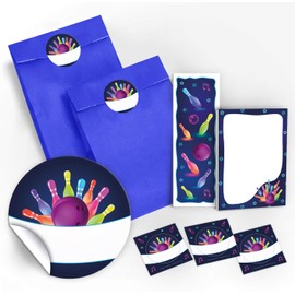 12 Gift Bags / Dark Blue + 12 Stickers + 12 Bookmarks + 12 Mini Notepads Bowling Neon / Party Bag Guest Gift for Children Boys Girls for Children's Birthday Parties