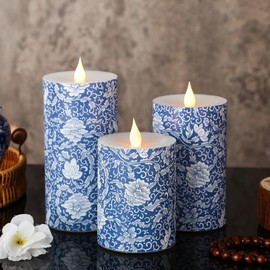 Baquler 3 Pcs Chinoiserie Flameless Pillar Candles Blue and White Candles Battery Operated Decorative Porcelain LED Candlestick for Wedding Home Table Party Decoration