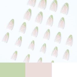 DOUBNINE Press On Nails Almond Short Medium Nude Light Green Swirl French Tip Matte French Full Cover Fake Nails Natural Acrylic Stick On Nails for Women