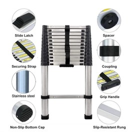 12.5FT Telescoping Extension Ladder, Heavy Duty Stainless Steel Folding Telescopic Ladder with Locking Mechanism, Multi-Purpose Collapsible Ladders RV Ladder for Home or Outdoor, 330 lbs Capacity