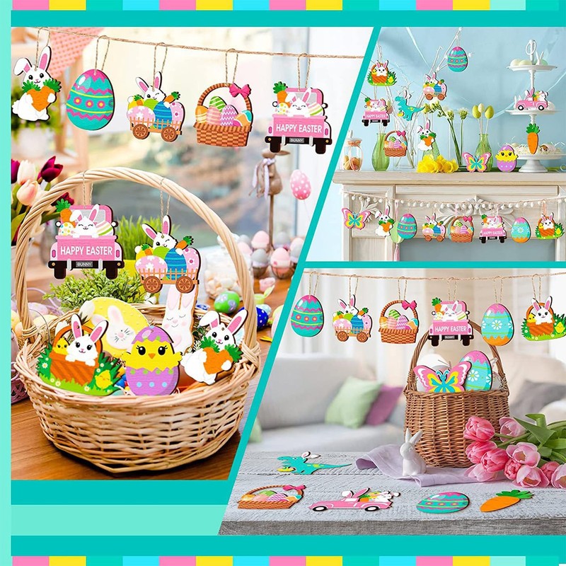 24 Wooden Bunny Easter Pendants with String, 8 cm Eggs,