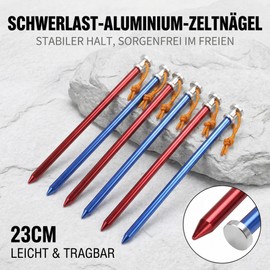 Pack of 6 High-Strength Aluminium Alloy Tent Pegs 23 cm Solid Round Tube Heavy Duty Tent Pegs Pegs Stable Camping Pegs Tent Accessories for Hard Floor, Beach, Mud, Grass, Snow, 34.5 g/pcs