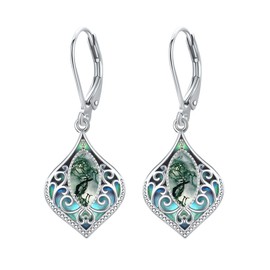 Filigree Moss Agate Earrings 925 Sterling Silver Teardrop Bohemian Irish Celtic Drop Dangle Earrings Abalone Shell Filigree Jewelry Gifts for Women